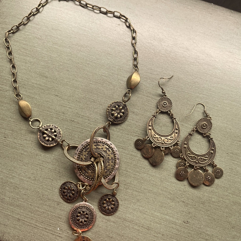 Antiqued Bronze Coin Statement Necklace and earrings set